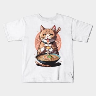 Drooling Cat Eating Ramen Kids T-Shirt